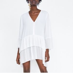 Zara White Contrasting Pleated Blouse Dress Shirt V Elegant White SIZE XSMALL